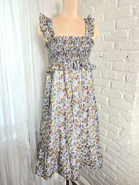 Frances Hart Floral Smocked Sundress Size M Ruffle Strap Square Neck Midi Blue D